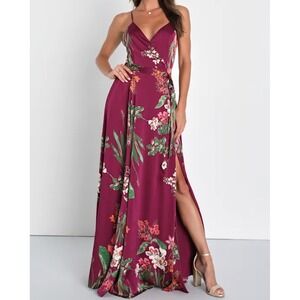 Lulus Still the One Burgundy Floral Print Neck Maxi Dress Size M missing belt